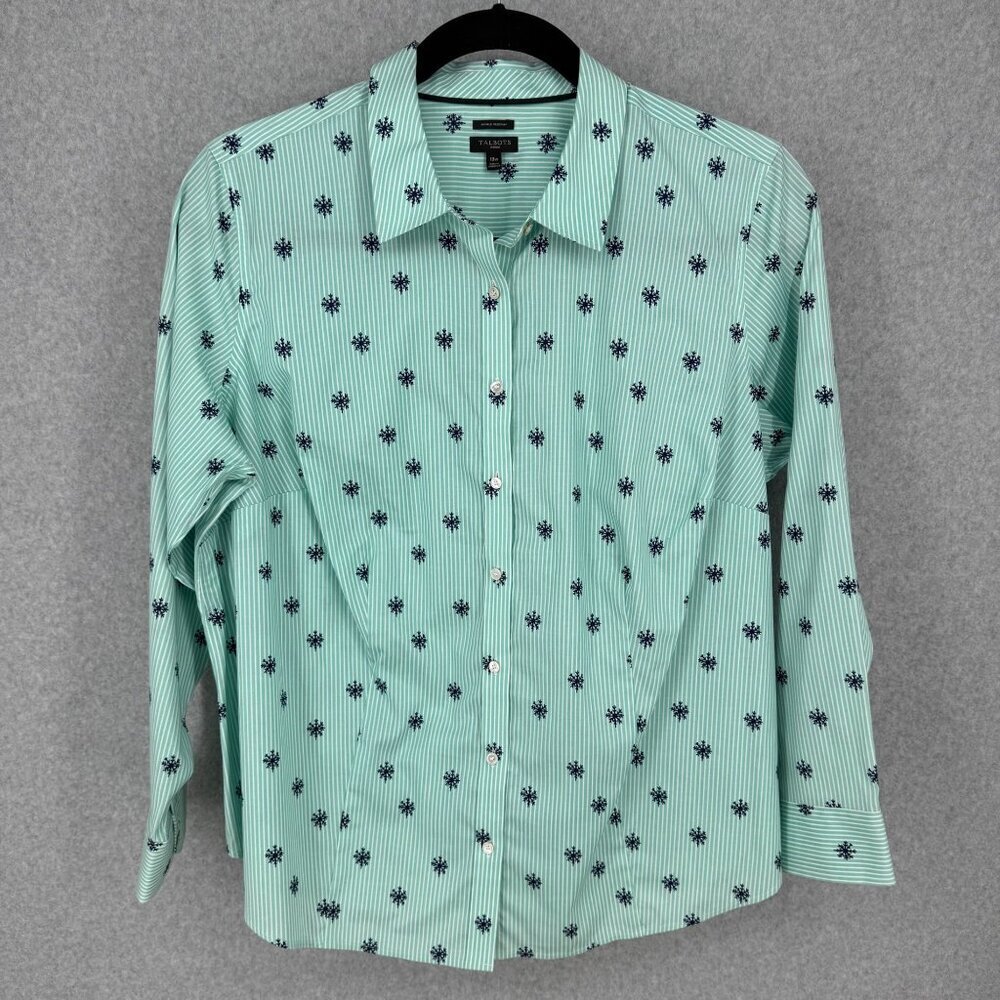 Talbots Womens Button Up Shirt Blouse Size 18W Teal Blue Snowflake Stripe NWOT